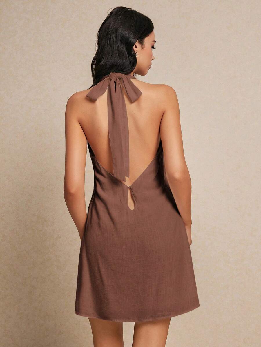 Poéselle Women's Linen Solid Color Elegant Backless Halter Summer Resort Mini Dress