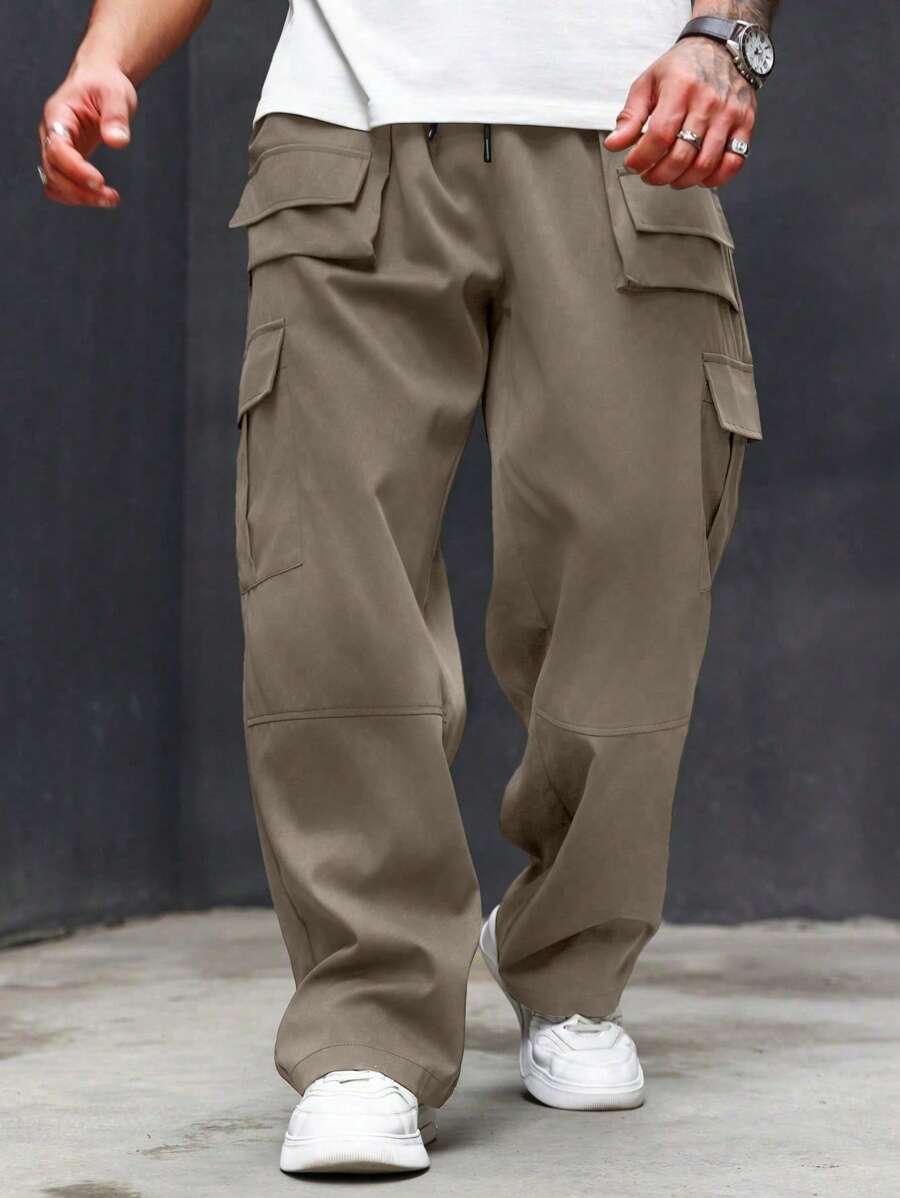 Manfinity LEGND Men's Plus Size Solid Color Drawstring Cargo Pants With Pocket, Casual Style, Black Cargo Pants Black Cargo Pants Menblack Cargo Pantsbaggy Cargo Pantsmen Pants Cargo - Khaki - View 1