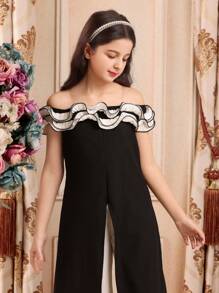 SHEIN Tween Girls Elegant Party Color Block Off Shoulder Ruffle Jumpsuit - Black - View 4