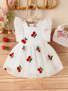 SHEIN Glamorique Kids 女婴粉色金属草莓和薄纱泡泡袖连衣裙，流行款式 - 白色 - 查看 3