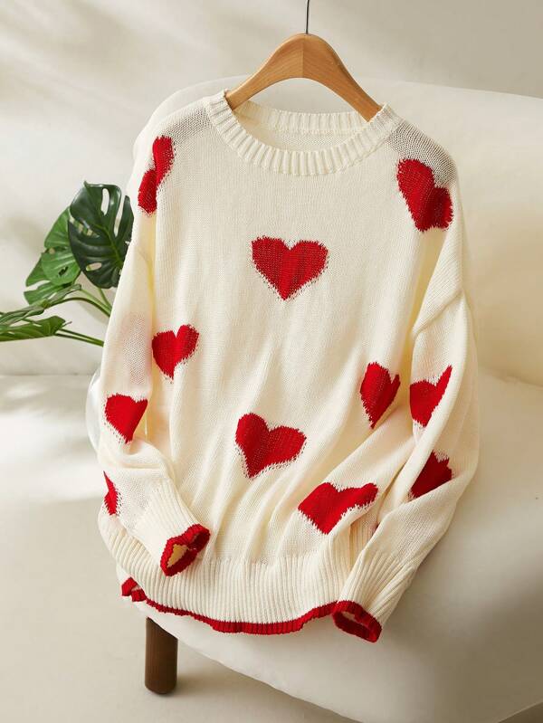 CosyJoli Suéter holgado casual con cuello redondo y estampado de corazones para mujer de talla grande, de manga larga y ajuste suelto, suave y cómodo