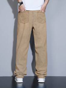 Manfinity Homme Men's Straight Relaxed Fit Multi-Pocket Casual Denim Jeans - Khaki - View 2