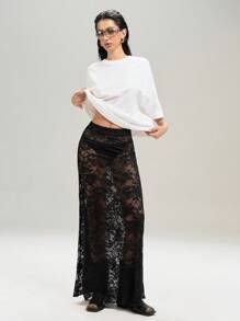 SHEIN EZwear Falda larga negra de encaje sexy de talla grande para mujer, de verano