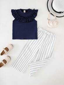 SHEIN 女童海军蓝荷叶边 T 恤和条纹裤套装，春夏 - 藍色 - 查看 1