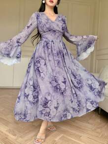 DAZY V-Neck Floral Print Midi Ruffled Hem Dress For Women Elegant,Fall Dress Long Sleeve Dress Easter - Purple - View 5