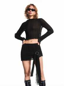 LYSMO Conjunto de dos piezas con volantes para mujer: Top de cuello alto de manga larga y falda en color negro