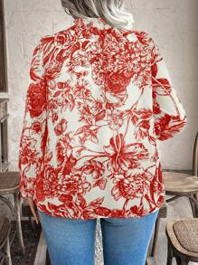 SHEIN Clasi Plus Size Women Floral Print Stand Collar Long Sleeve Loose Blouse