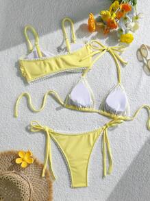 SHEIN Swim Bộ 3 đồ bơi bướm màu trơn mới cho nữ, bộ đồ bơi lãng mạn cho khu nghỉ dưỡng spa ngọt ngào - Màu vàng - Xem 2