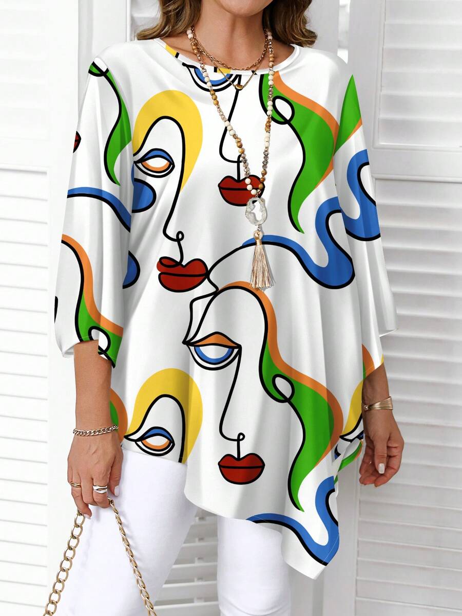 EMERY ROSE Camisa de impresión artística minimalista y casual de talla grande, adecuada para primavera y otoño - Multicolor - Ver 1