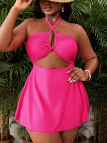 SHEIN Swim Curve Plus Size Women 2 Pieces Solid Color Swimwear, Removable Padded Halter Neck Hollow Out High Waisted Swimdress & Briefs, Elegant Casual Vacation Beach Slimming For Summer - Hot Pink - View 5