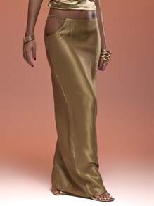 MUSERA 露腰金色链条装饰缎面长裙，性感伊比沙岛风情，适合夏季度假海滩优雅晚宴派对 - 金色 - 查看 2