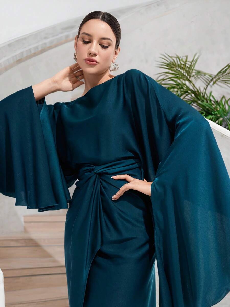 Veilorie Women's Elegant Solid Color Batwing Sleeve Twist Front Dress Modest - Dark Green - View 1