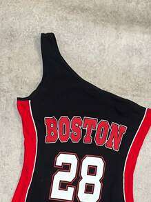 SHEIN 青少年女孩 Y2K 夏季篮球运动紧身运动风格迷你连衣裙，黑色和红色单肩撞色印花，休闲街头服饰和返校时尚 - 黑色 - 查看 4