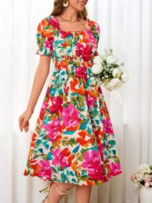 SHEIN VCAY Summer Out Holiday Date Dress, Ladies Square Collar Frill Edge Puff Sleeve A Word Romantic Multi-Color Big Flower Print Holiday Dress, Back-To-School Dress, Very Simple Dress, Office Dress, Old Money Dress, Teacher Dress, Dating Dress, Going Out To Participate In Wedding Season BFF Afternoon Tea Party Holiday Dress, Going Out To Participate In Music Festival Dress - Multicolor - View 5