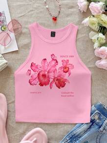 SHEIN EZwear 粉色花卉印花休闲简约圆领女式背心，适合夏季 - 粉色 - 查看 3