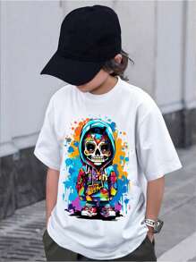SHEIN Tween Boys' Casual Cartoon Skull Pattern Short Sleeve T-Shirt, Summer