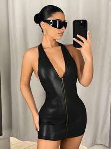 SHEIN ICON Plunging V-Neck Two-Way Zipper Bodycon Mini PU Leather Dress - Black - View 6
