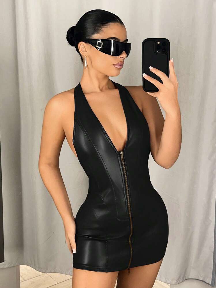 SHEIN ICON 深 V 领双向拉链紧身迷你 PU 皮革连衣裙 - 黑色 - 查看 6