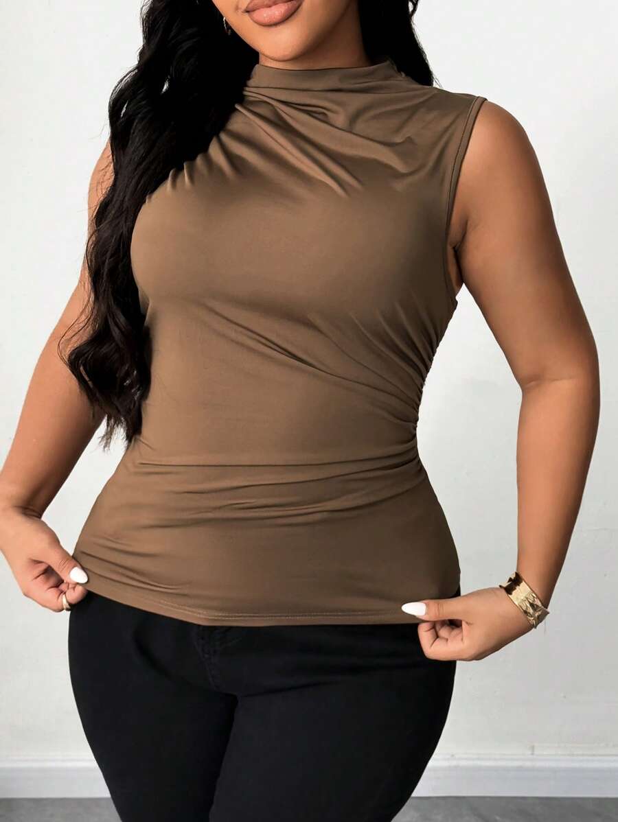 Celure 大码女式无袖聚拢修身弹力吊带背心 - 棕色 - 查看 1