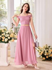 SHEIN 2pcs/Set Teenager Girl Lotus Pink Lace Sheer Shoulder Top And Chiffon Skirt, Suitable For Festival, Party, Elegant, Wedding, Back To School, Graduation