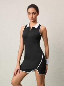 SHEIN Sports Color Block Collar Zip Front Split Hem Athletic Mini Dress With Solid High Waist Shorts For Women Athletic Dress - Black - View 1