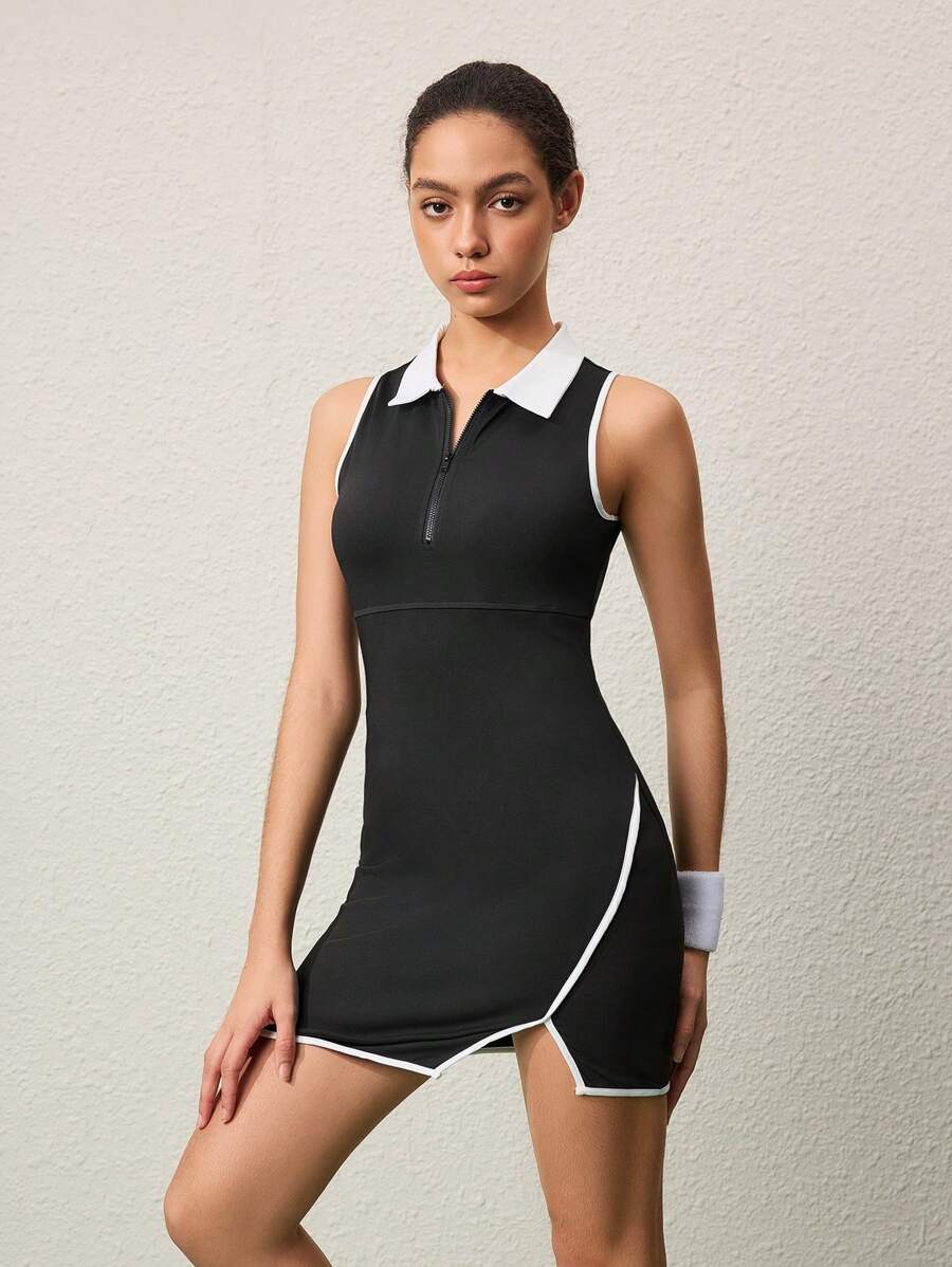 SHEIN Sports Color Block Collar Zip Front Split Hem Athletic Mini Dress With Solid High Waist Shorts For Women Athletic Dress - Black - View 1