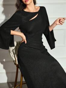 Modelyn 优雅纯色镂空蝙蝠袖连衣裙 - 黑色 - 查看 6