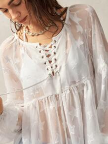 Bohemela Áo cánh tay dài rộng rãi họa tiết dệt trơn màu lễ hội âm nhạc Boho mùa hè cho nữ - trắng - Xem 5