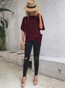 Flexra Women's Solid Color Round Neck Batwing Sleeve Side Knot Casual Blouse - Burgundy - View 4
