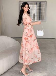 DAZY Women's Mid-Length Floral Crew Neck Drawstring Dress