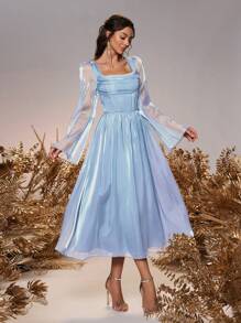 SHEIN Belle Váy Maxi dài tay màu xám-xanh lá cây thanh lịch & sang trọng, cổ xếp nếp, eo cao, viền thấp, thích hợp cho đám cưới, tiệc đơn, kỳ nghỉ, phù dâu (người lớn) - Màu xanh nhạt - Xem 7