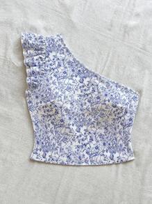 SHEIN VCAY Plus Size One Shoulder Floral Print Double-Layer Cap Sleeve Fitted T-Shirt - Blue and White - View 3