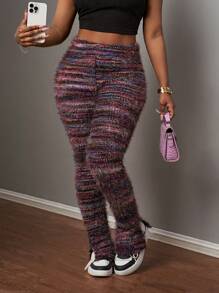 Slaydiva Pantalones de pierna acampanada con cintura elástica y tejido texturizado con abertura lateral, de uso casual en el hogar