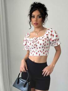 Chiquease Rose Floral Print Puff Sleeve Tie-Front Casual Minimalist Vacation Style Blouse For Women, Spring/Summer - Multicolor - View 5