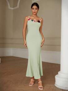 Chiquease فستان مزين بالورود الرومانسية، كنزة طويلة ضيقة مع أربطة رفيعة - أخضر - مشاهدة 4