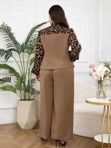 Modelyn Plus Size 2pcs Set Leopard Print Long Sleeve Shirt & Pants, Casual Simple Fashion Everyday Wear - Multicolor - View 2