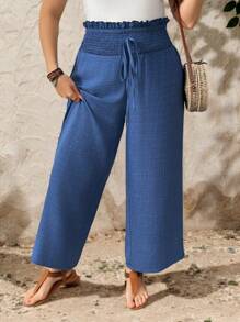EMERY ROSE Pantalones de pierna ancha con textura de punto y cinturilla alta con nudo para mujeres de talla grande - Azul - Ver 5
