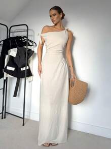 Siren Gaze Women's Solid Asymmetric Neckline Ruched Elegant Long Dress,Rave Outfits Festival Party Summer Evening Dress - Apricot - View 3