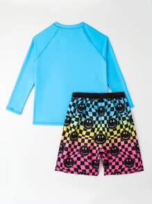 Conjunto de camiseta de manga larga impresa para niños preadolescentes y pantalones cortos de natación impresos en ajedrez degradado en color (impresión de posicionamiento)