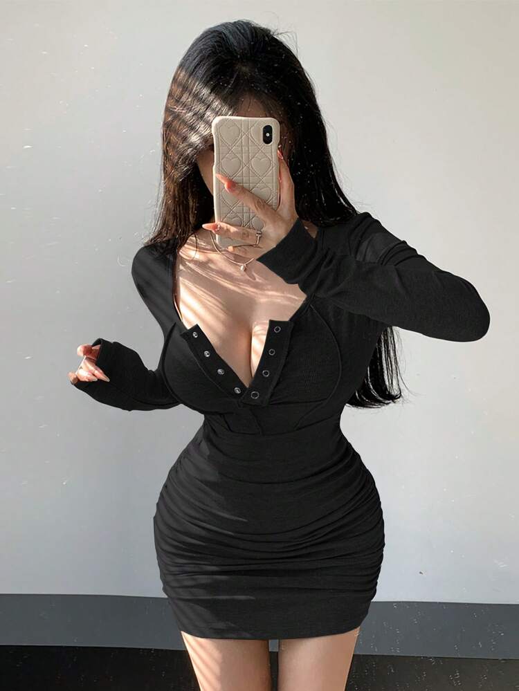 Women Fall Ruched Bodycon Sexy Long Sleeve Dress,Mini Dress