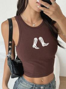 SHEIN EZwear Casual Minimalist Western Cowgirl Boot Print Round Neck Slim Fit Sleeveless Tank Top, Suitable For Summer