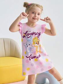 LOONEY TUNES X SHEIN Young Girl Cartoon Rabbit Polka Dot Print Knit Round Neck Contrast Color Flounce Cap Sleeve Flame Retardant A-Line Pajama Dress
