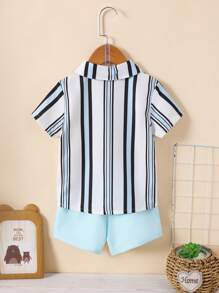 SHEIN 2pcs/Set Young Boy Casual Short Sleeve Shirt And Shorts Set, Minimalist Style Suitable For Summer - Blue - View 2