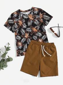 SHEIN 少年男孩花卉t恤與束口短褲套裝 - 彩色 - 查看 1