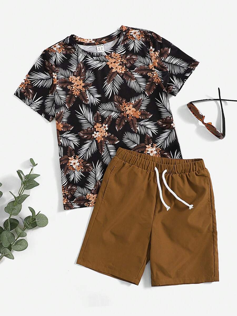 SHEIN 少年男孩花卉t恤與束口短褲套裝 - 彩色 - 查看 1
