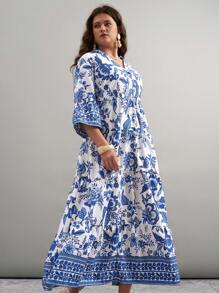 Freevana Plus Size Women's Blue And White Porcelain Print Dress Floral Print V Neck Trumpet Sleeve Maxi Dress, Vacation/Women's Dress/Women's Summer Clothing/Women's Vacation Clothing Women's Summer Clothing Elegant Vacation Clothing Women's/Bohemian Women's Clothing/Cress Long Vacation Dress, Maxi Dress Outdoor Daily Wear Essential Sundress Women's Vacation Clothing Women's Bohemian/Bohemian Dress