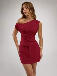 SHEIN BAE Women's Apricot Solid Color Linen Casual Asymmetric Asymmetric Neck Sleeveless Linen Top, Suitable For Daily, Holiday, Office, Spring & Summer - Burgundy - View 3