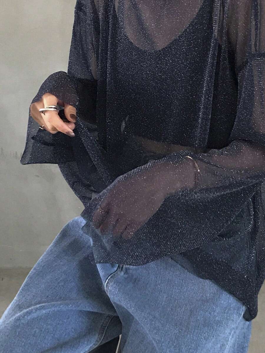 FRIFUL Women's Loose Sheer Round Neck Long Sleeve Cropped Top, Sexy Party Style For Summer Music Festivals - Navy Blue - View 1