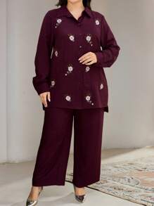 Veilorie 2pcs Plus Size Floral Embroidery Shirt & Pants Set - Burgundy - View 1