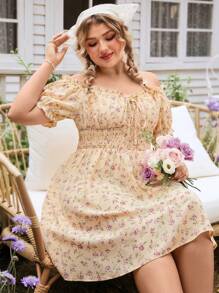 SHEIN VCAY Plus Size Off-Shoulder Short Sleeve Mini Ditsy Floral Dress Summer Wedding Guest Dress Women Dresses For Women Elegant Birthday Dresses For Women Sundress Backless Dress Floral Off The Shoulder Vacation Outfits Woman Beach Spring Boho Rave Outfits Cottagecore Brunch Outfits For Women Fairycore Old Money Tropical Vacation Woman Clothes Tropical Casual Elegant - Multicolor - View 7